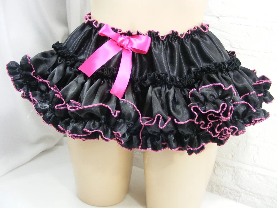SISSY ADULT BABY SEXY FANCY DRESS black / cerise SATIN MICRO MINI FRILLY SKIRT - Image 1 of 4