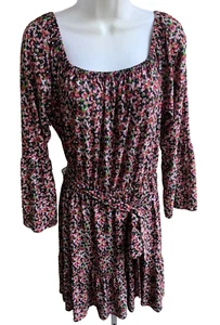 Michael Kors Long Sleeve Ruffled Skirt Tie Black/Pink Flowered Dress NWT Size M - Picture 1 of 11