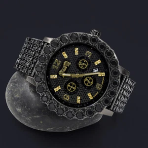 Men's Solitaire Bezel 18K Black Gold Tone Finish Diamond Time Piece Custom Watch - Picture 1 of 6