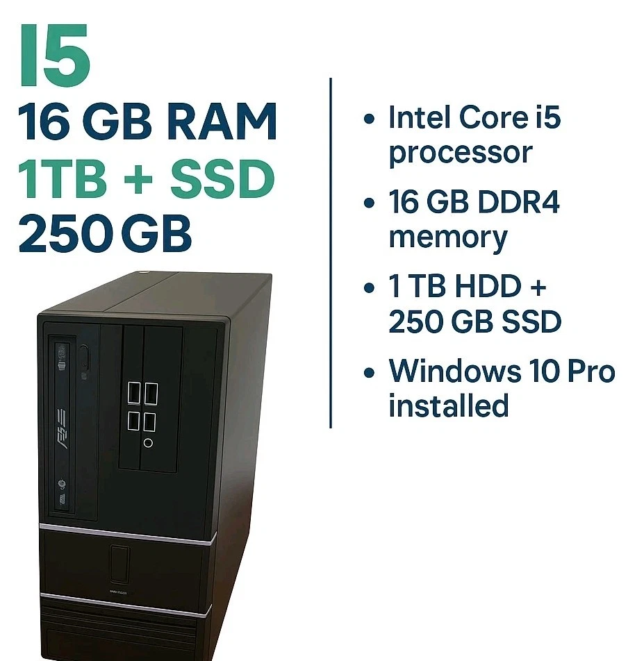 Desktop PC, I5, 16 Gb RAM, 1TB -SSD 250GB, WIN 10 PRO - Image 1 of 4