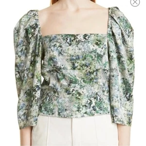 Vince Painted Floral Satin Blouse Top Green Blue Square Neck Size 10 NWT (b12) - Picture 1 of 5