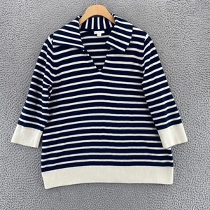 J Jill Sweater Womens Medium Petite Navy White Striped Collared V Neck Pullover - Picture 1 of 11