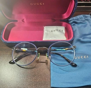 Gucci Round Frame Glasses Unused Leather Temples Black 80s Style - Picture 1 of 12