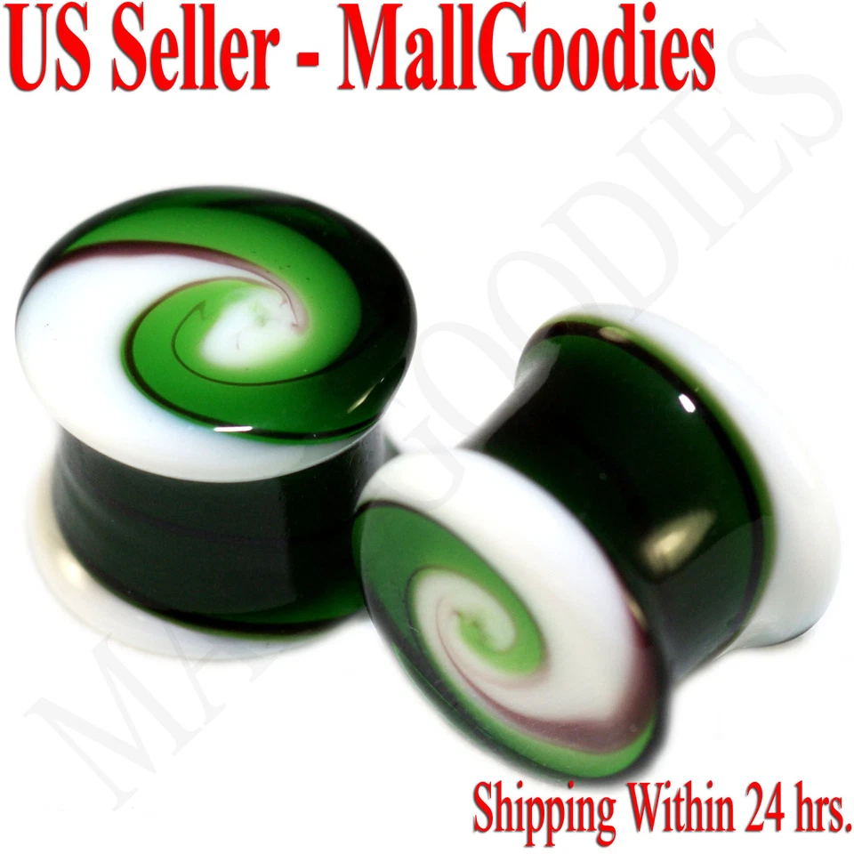 Tampões de ouvido 0180 duplo alargamento verde branco redemoinho vidro sela 1/2" em 12,7mm espiral - Imagem 1 de 1