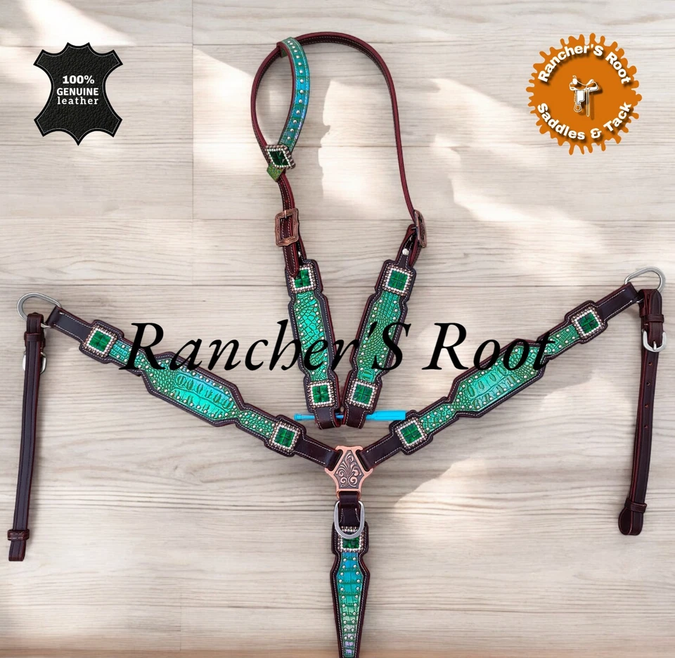 Juego de tachuelas de cuero Western para caballo | Juego de tachuelas de serpiente verde brillante Foto 1 de 1