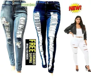 Jack David Womens Plus Size Blue Denim Jeans Stretch Skinny Ripped Distressed - Picture 1 of 54