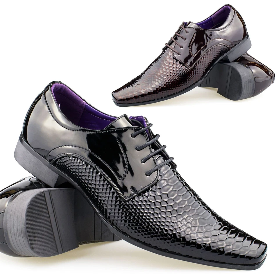 Mens Leather Snake Skin Pattern Shoes Patent Shiny Lace Up Italian Style UK 6-11 - Image 1 of 1