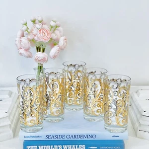Vtg Culver Iberia Baroque Scroll Tumblers 22K Gold Mid Century 5.5” Set Of 5 MCM - Picture 1 of 9