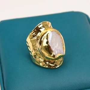 Cultured White Keshi Pearl Gold Plated Finger Ring Adjustable Rings For Women - Picture 1 of 13
