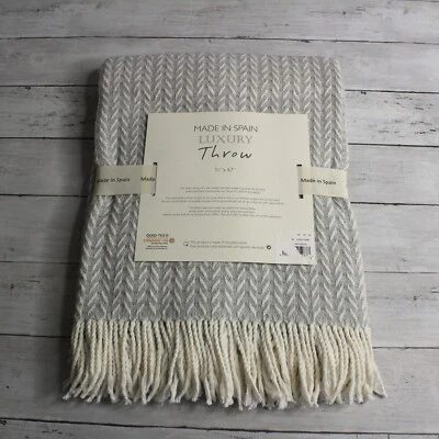 Made in Spain Throw Blanket Gray Off White Herringbone with Fringe Cotton Blend - Image 1 of 4