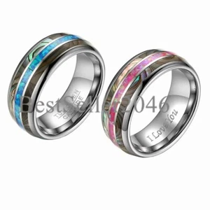 8mm Men Women Tungsten Ring Real Green/Pink Opal Abalone Shell Wedding Band - Picture 1 of 16