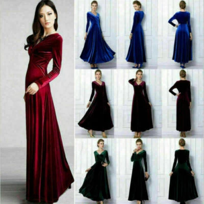 Women Elegant Evening Long Maxi Dress V Neck Long Sleeve Velvet Party Plus - Image 1 of 4