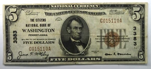 1929 $5 National Currency Note C015110A Washington Pennsylvania 3383 - Picture 1 of 3