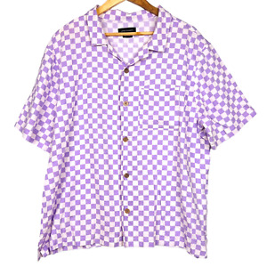 Womens 90s Y2K Retro Checkerboard Shirt Plus Size XXL Purple White Linen Blend