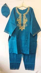 Men's African Traditional Dashiki Pant Suit With Cap Blue Gold Free Size - Picture 1 of 7