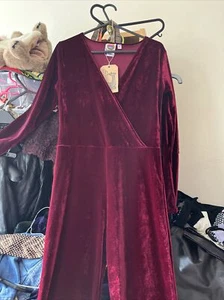 Women’s Size S Red Velvet Jumpsuit, Long Sleeves, Flared, Bnwt - Picture 1 of 7