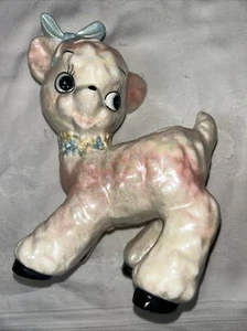 Vintage Ceramic Baby Lamb Planter Pink Iridescent Kitchy Sweet Nursery Pin Up - Picture 1 of 9