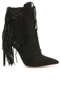Alexandre Birman Black Suede Fringe Pointed Toe Lace Up Ankle Booties - Picture 1 of 9