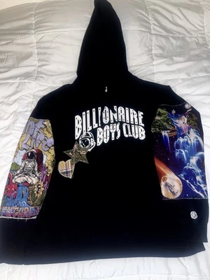 Billionaire Boys Club Hoodie Size L Black Multicolor Patchwork Graphic Sleeves - Image 1 of 2