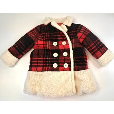 Penelope Mack Baby 18 Months Buffalo Plaid Wool Blend Coat Sherpa Trim Red - Image 1 of 4