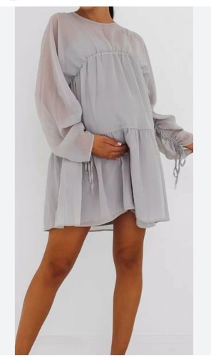 Abito Camicia Premaman Ruched Missguided Grigio Maglia Trasparente Abito Midi Tg 12 a Nuovo