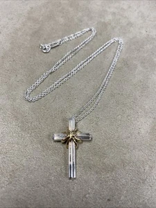 Tiffany & Co. Signature Cross Silver 925 750 18K Gold Pendant Necklace - Picture 1 of 4