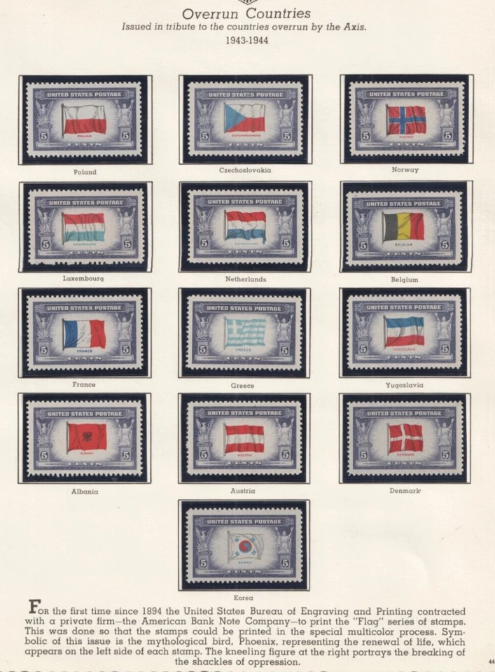 US 1943-1944  Overrun Countries Flags of WWII  909-921  Poland to Korea OG MNH* - Image 1 of 1