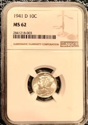 CHOICE 1941-D NGC MS UNDER-GRADED MERCURY DIME LITE TONING CLOSE TO FB GLORIOUS - Image 1 of 4