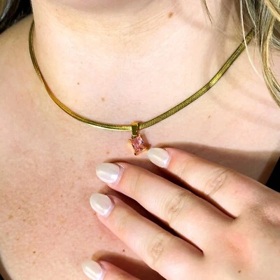 Pink Ruby CZ Snake Chain Necklace–18K Gold-Emerald Cut-Birthstone Jewelry - Image 1 of 4