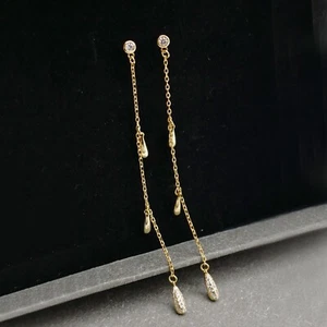 Pendientes largos colgantes de lágrima enchapados en oro bisel de plata esterlina A1133 - Imagen 1 de 8