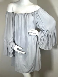 TREVA LIGHT BLUE COTTON MINI DRESS BLOUSE OFF SHOULDER RUFFLE SLEEVE O/S MEDIUM - Picture 1 of 5