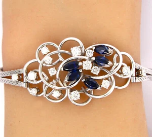 Estate 18K White Gold 1 ct Natural Sapphire and 0.75 ct Diamond Bracelet - Picture 1 of 9