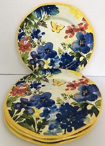 4-Pier 1 Imports Melamine Butterfly Floral 9" Plates Yellow Plastic Outdoor Set