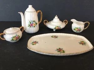 Mini Vtg Coffee Pot Pitcher Tureen Set Serving Tray Pink Yellow Floral Dollhouse - Picture 1 of 12