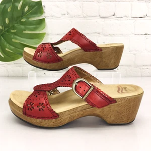 Dansko Women's Sandals 37 US 6.5 Perforated Red Leather Wedge Slip On Buckle - Picture 1 of 12