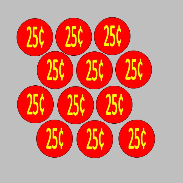 12 Price Stickers RED VENDING MACHINE CANDY STICKERS LABEL .25 Cent Free Ship  - Image 1 of 1