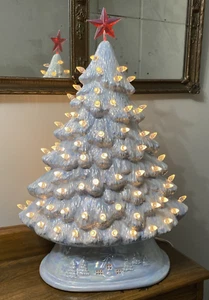 Vtg Blue & White 18" Ceramic Lighted Christmas Tree 18” X 13” Wide Unusual Shape - Picture 1 of 9