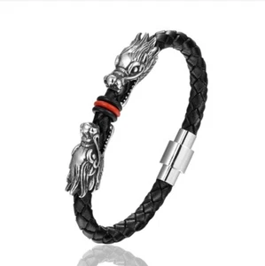 Men/ Women Double Dragon Black Braided Genuine Leather Bracelet Bangle 7.5-8.3" - Picture 1 of 4