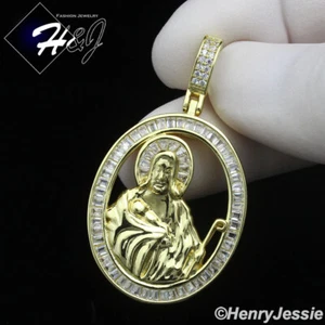 925 STERLING SILVER ICY BLING CZ GOLD PLATED/SILVER SAN JUDAS OVAL PENDANT*SP438 - Picture 1 of 8