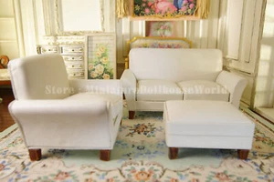 1:12 Scale White Miniature Sofa Set with Ottoman Dollhouse Living Room Furniture - Picture 1 of 5