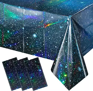 3Pcs Iridescent Space Tablecloths, Disposable Plastic Blue Galaxy Table Cloth Re - Picture 1 of 8