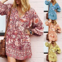 Women Long Loose Sleeve Printed V-Neck Ethnic Boho Casual Mini Dress Sundress