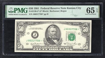 FR. 2120-J* 1981 $50 *STAR* FRN KANSAS CITY, MO PMG GEM UNCIRCULATED-65EPQ (B) - Image 1 of 2