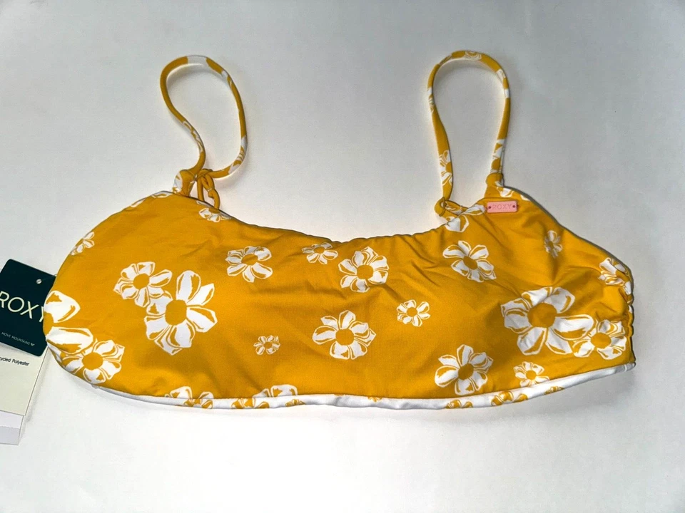Top de biquíni feminino ROXY L amarelo branco FLOWER LOVER RVSBLE surf natação praia novo - Imagem 1 de 4