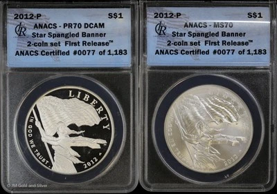 2012 P Star Spangled Banner Silver Dollar 2-Coin Set ANACS MS & PR 70 DCAM | PF - Image 1 of 4