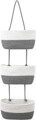 3-Tier Over the Door Hanging Basket – Cotton Rope Woven Organiser - White/Grey - Image 1 of 4