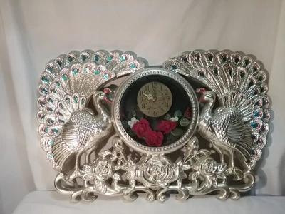 Peacock Flowers Clock Vintage MCM Wall Decor Silver Plastic-Tested Working - Image 1 of 4