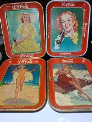 AUTHENTIC COKE COCA COLA 1937 ADVERTISING SERVING TIN TRAYS .  - Image 1 of 4