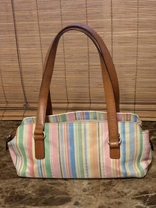 Fossil Y2K Stripped Light Rainbow Color Block Leather Barrel Baguette Handbag - Picture 1 of 11