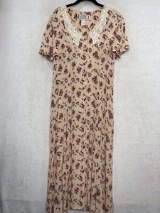 Vintage Floral Maxi Dress M Button Up Lace Collar Pastel Peach Flutter Sleeves - Picture 1 of 13